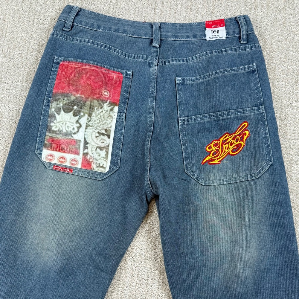 JNCO Style Womens  30x28 Embroidered Graphic Wide Leg Skater Denim Jeans Pants